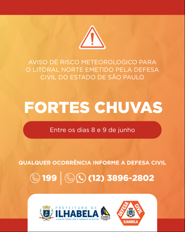 Defesa Civil alerta para risco de fortes chuvas em Ilhabela neste domingo (8) e segunda-feira (9)